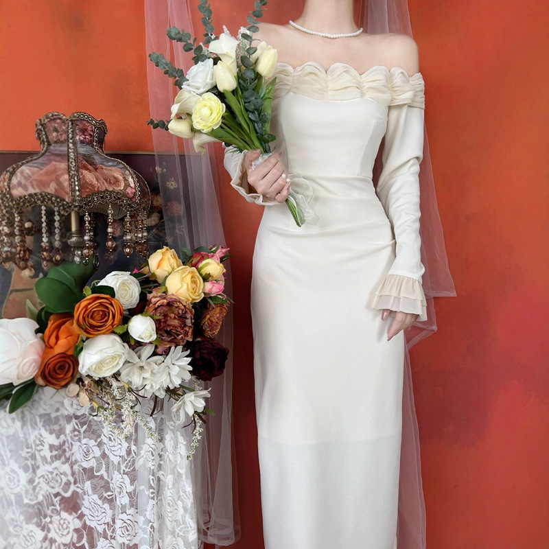 French Retro Evening Dress Hepburn Style Off-Shoulder Travel Photography Light Wedding Dress Off-Shoulder Long-Sleeve Engagement Registration Dress