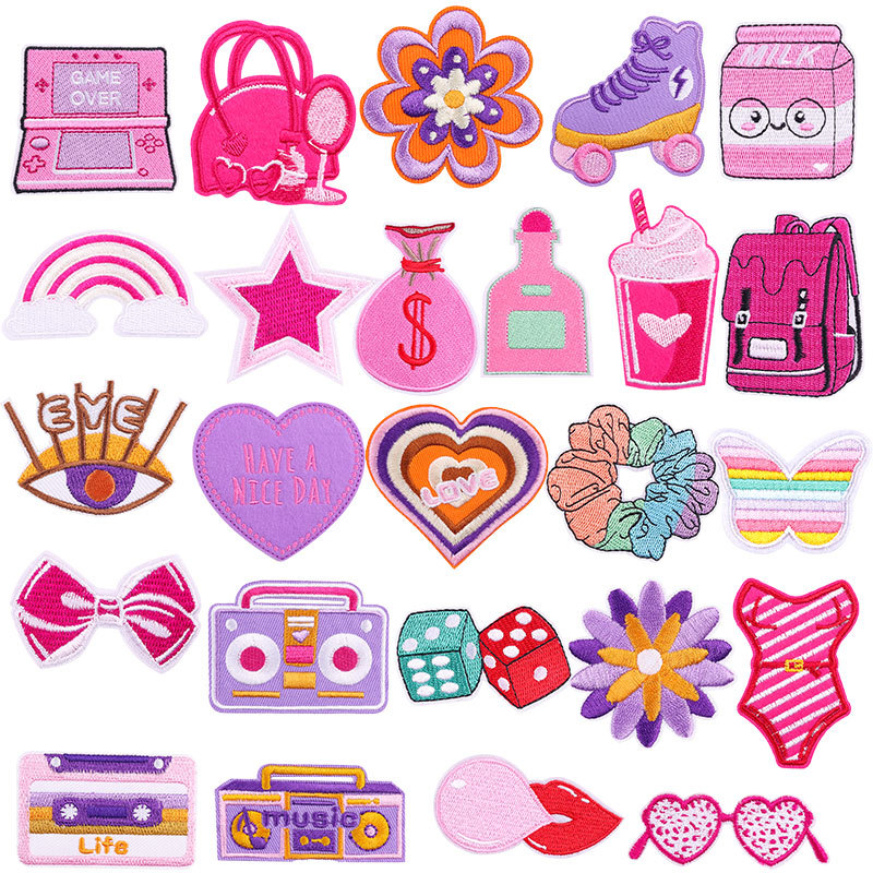 热熔胶熨烫补丁贴跨境专供粉色系列爱心瓶子收音机刺绣布贴现货