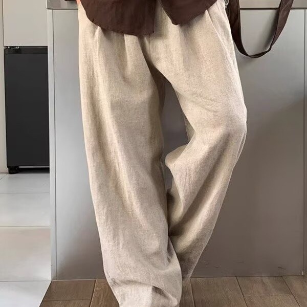 レイジースタイルの男性用コットンとリネンのワークパンツ、リラックスしたルーズストレート日焼け止めパンツ、リネン通気性のあるカジュアルスーツパンツ|undefined
