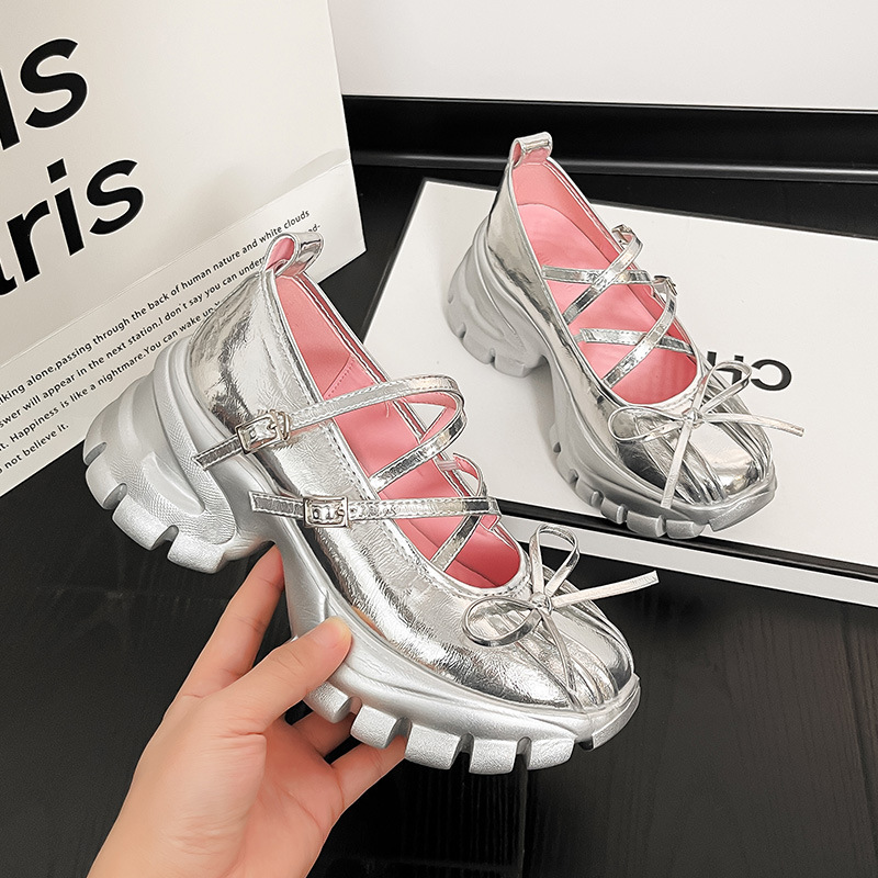 Spring and Summer New Thick-soled High Heeled Loafers Soft-soled Thick Heeled Shallow Mouth Single-layer Shoes Niche Korean Style silver Mary Jane Women's Shoes
