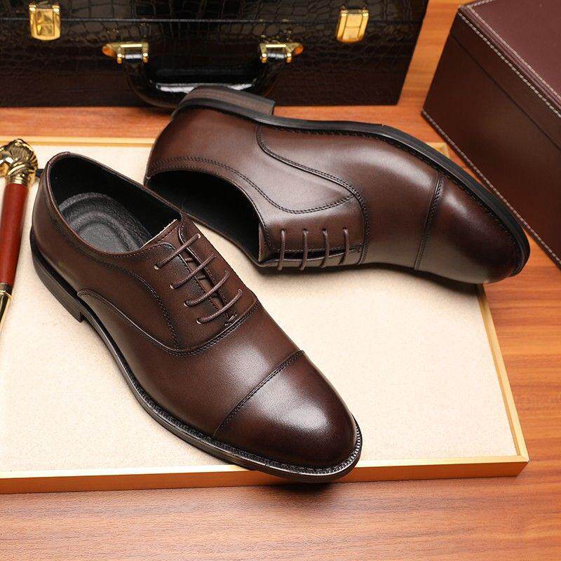 Giày da nam Oxford công sở mũi nhọn, giày da bò trang trọng buộc dây — Kinh doanh màu đen, Màu nâu phương Tây chi tiết 11
