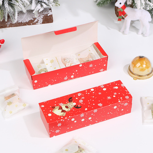 New Year and Christmas long flip-top red baked pastry packaging box frosted biscuit snowflake crisp box wholesale
