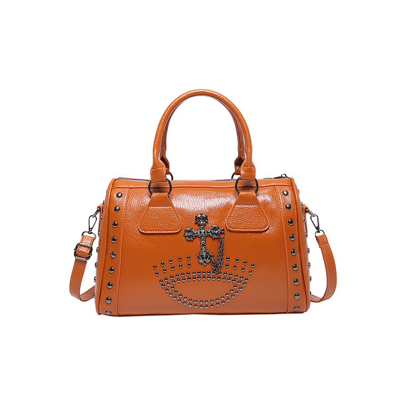 Cross-Border Large Capacity Punk Style Commuter Boston Cylinder Handbag For Women, Niche Retro Studded Shoulder Bag - Thumbnail 6