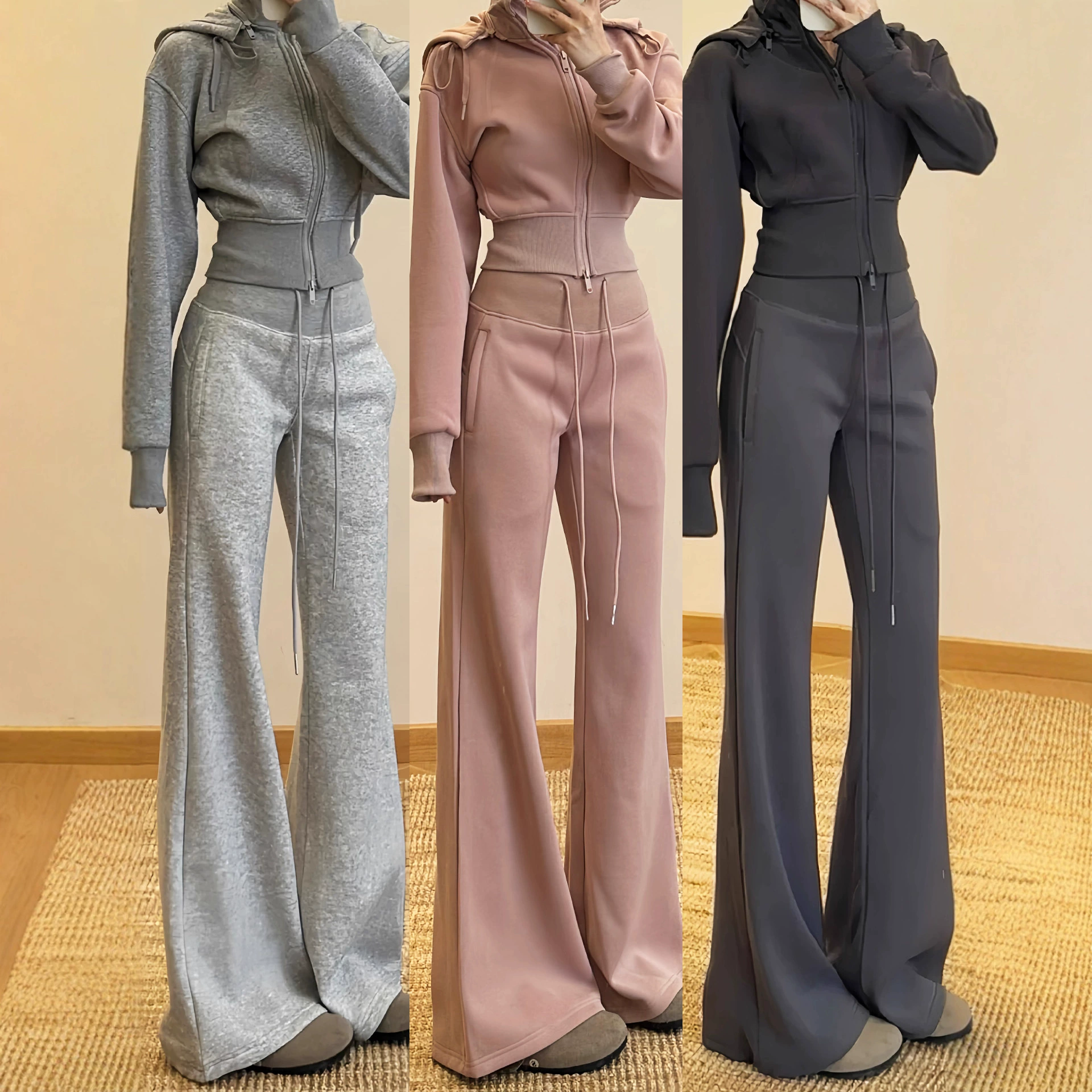 Gray Flared Sweatpants for Women, Spring 2026 New High-Waisted Slim-Fit Petite Casual Bell-Bottom Pants