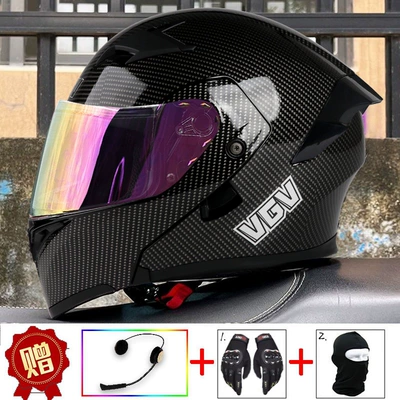 All Seasons, Unisex Safety Helmet | Motosiklet dəbilqələri - m-glossy-black-carbon-fiber-pattern-built-in-bluetooth-red-gold-plated-mirror-comes-with-gloves-helmet-cover-anti-fog-sticker