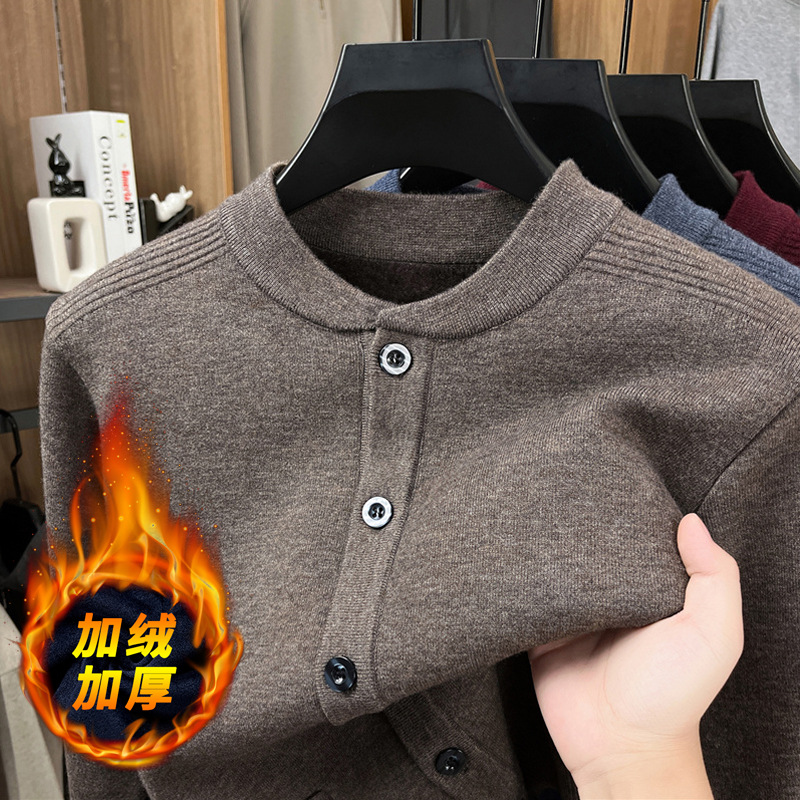 冬季加绒加厚毛衣男中老年男士休闲圆领针织保暖爸爸装开衫羊毛衫