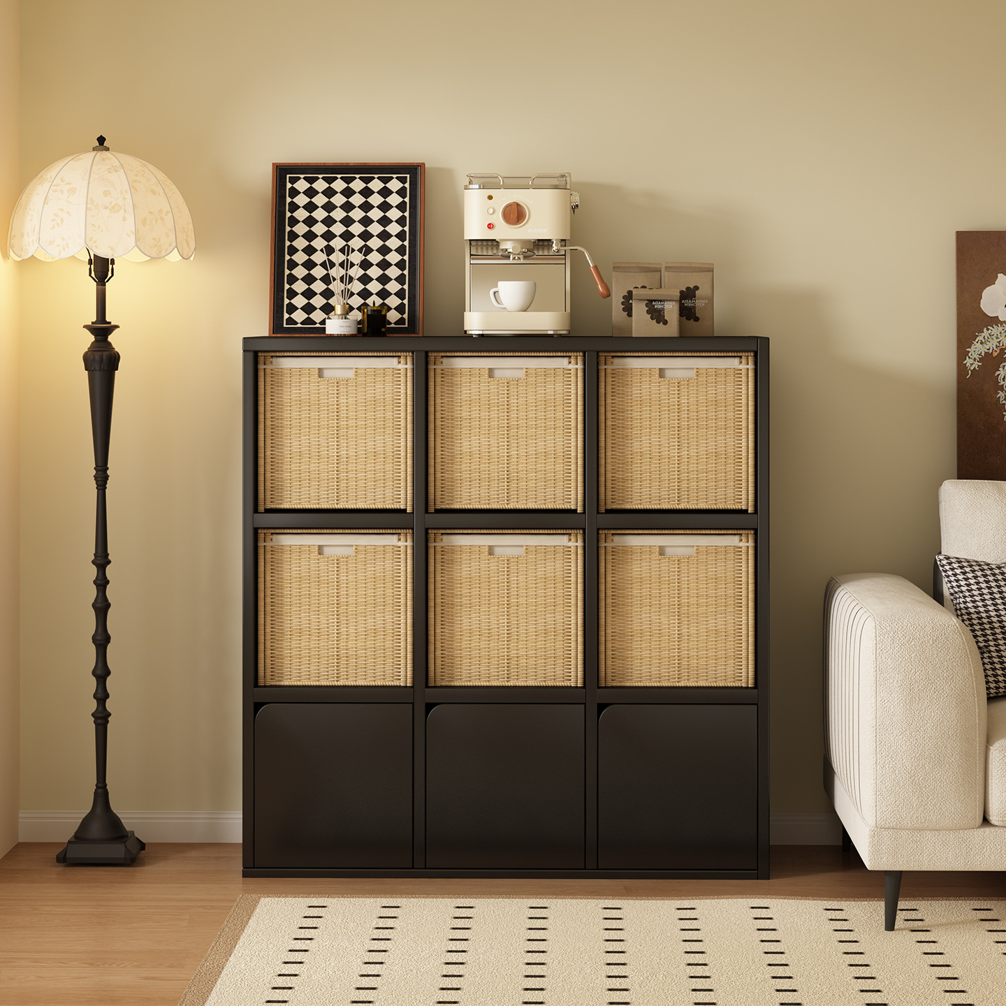 中古风斗柜黑色柜子格子柜客厅沙发边柜方形九斗柜高级书柜置物柜