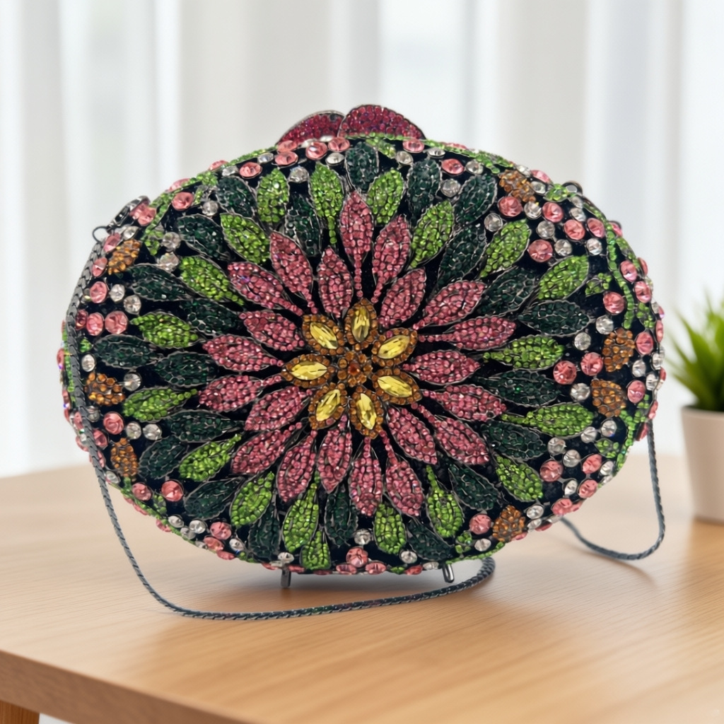 Túi clutch nữ đính đá pha lê họa tiết hoa đen phối màu sang trọng dự tiệc — Đen phối màu, Tùy chỉnh màu khác