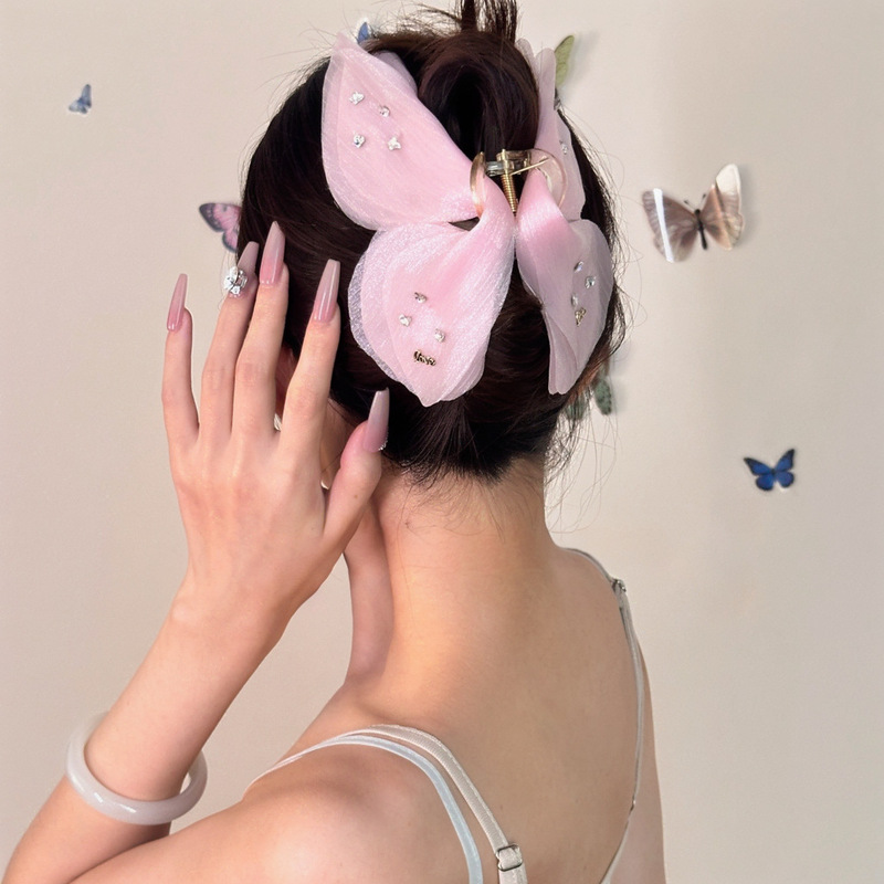 アクリルラインストーンメッシュバタフライクリップレディースファッションハイエンドヘアクリップミディアムヘアラージサメクリップ後頭部|undefined