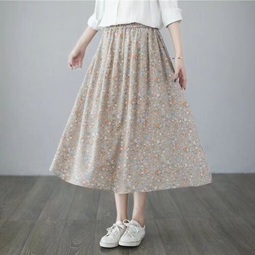 Pocket artistic small floral skirt women's mid-long fresh summer new slimming high-waist a-line skirt