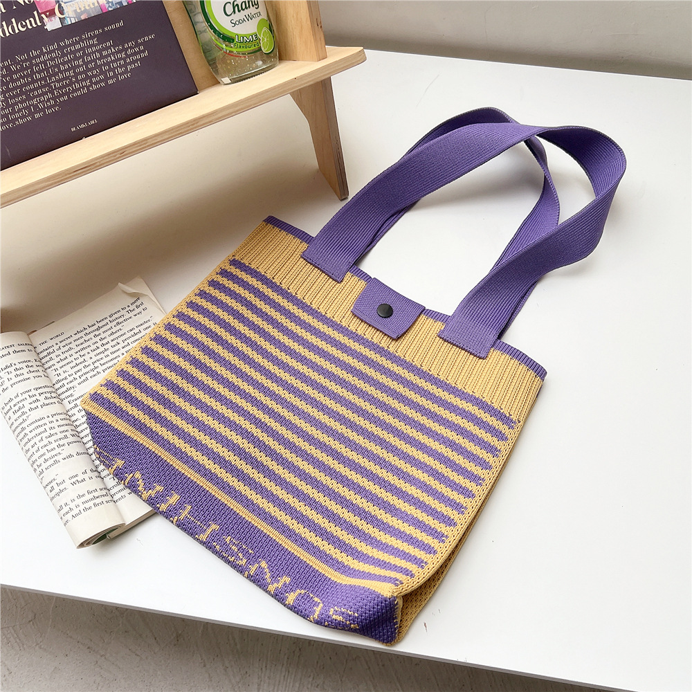 202g Weight Polyester Lining Material Buckle Closure Type Double Shoulder Straps Strap Type Tote Bag Bags Type Daily, Shopping Occasion Knit Material Stripe Pattern All Seasons Season Women's Gender Classic Style Style Medium Size Women's Medium Knit Stripe Classic Style Buckle Tote Bag 9