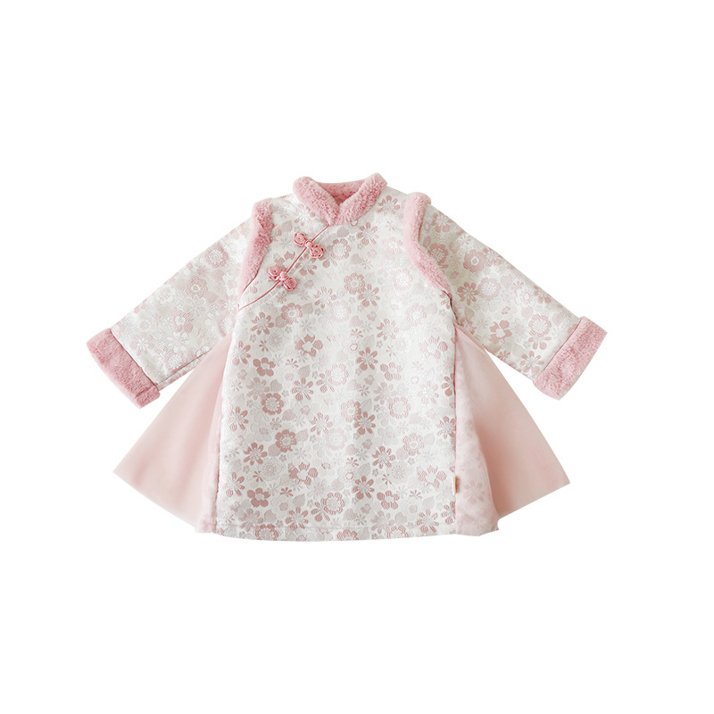 Vestido Cheongsam de Estilo Chino para Niñas, Cálido para Otoño e Invierno 2025, Falda Gruesa con Forro Polar y Estampado Jacquard Completo para Niñas.