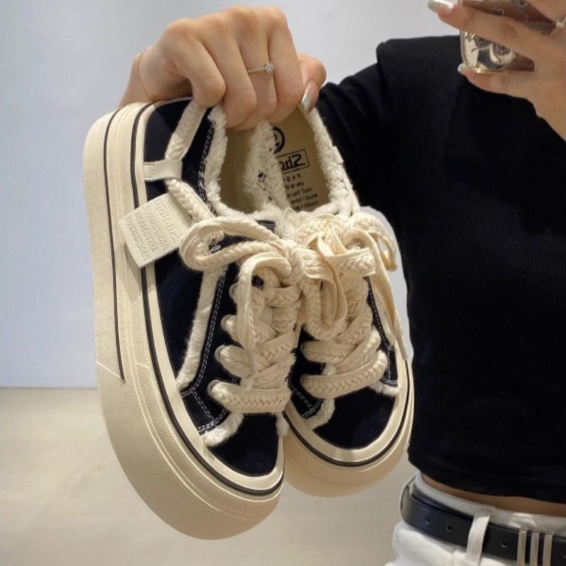 Leisure Sports Women's Super Hot Black Low-Top Ugly Cute Big Head Round Head Mango Head Board Shoes Thick-Sole Burr-Edge Canvas Shoes