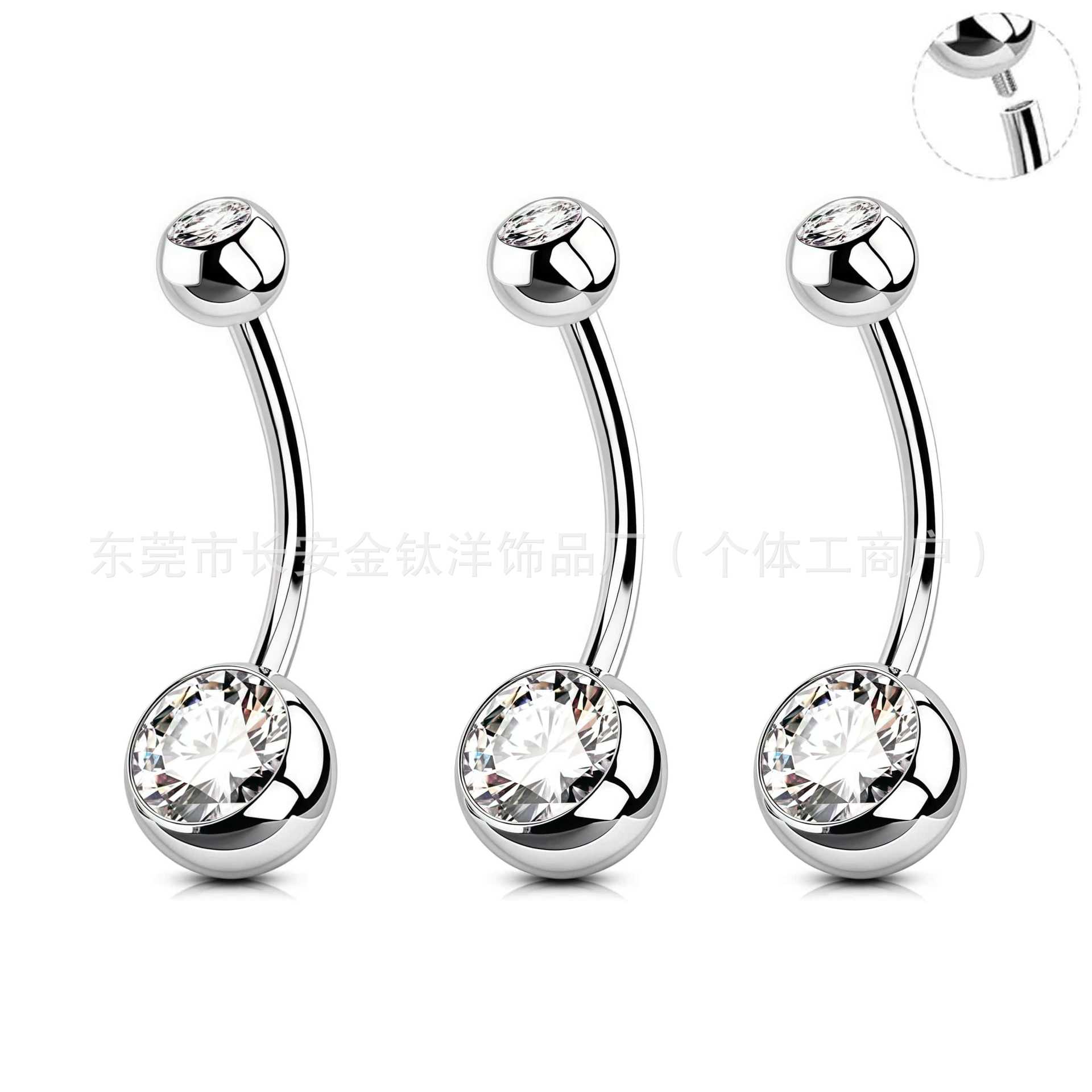 F136 Titanium External Thread Double-Ended Curved Rod Zircon Navel Piercing Ring - G23 Titanium Alloy Body Jewelry detail image 5