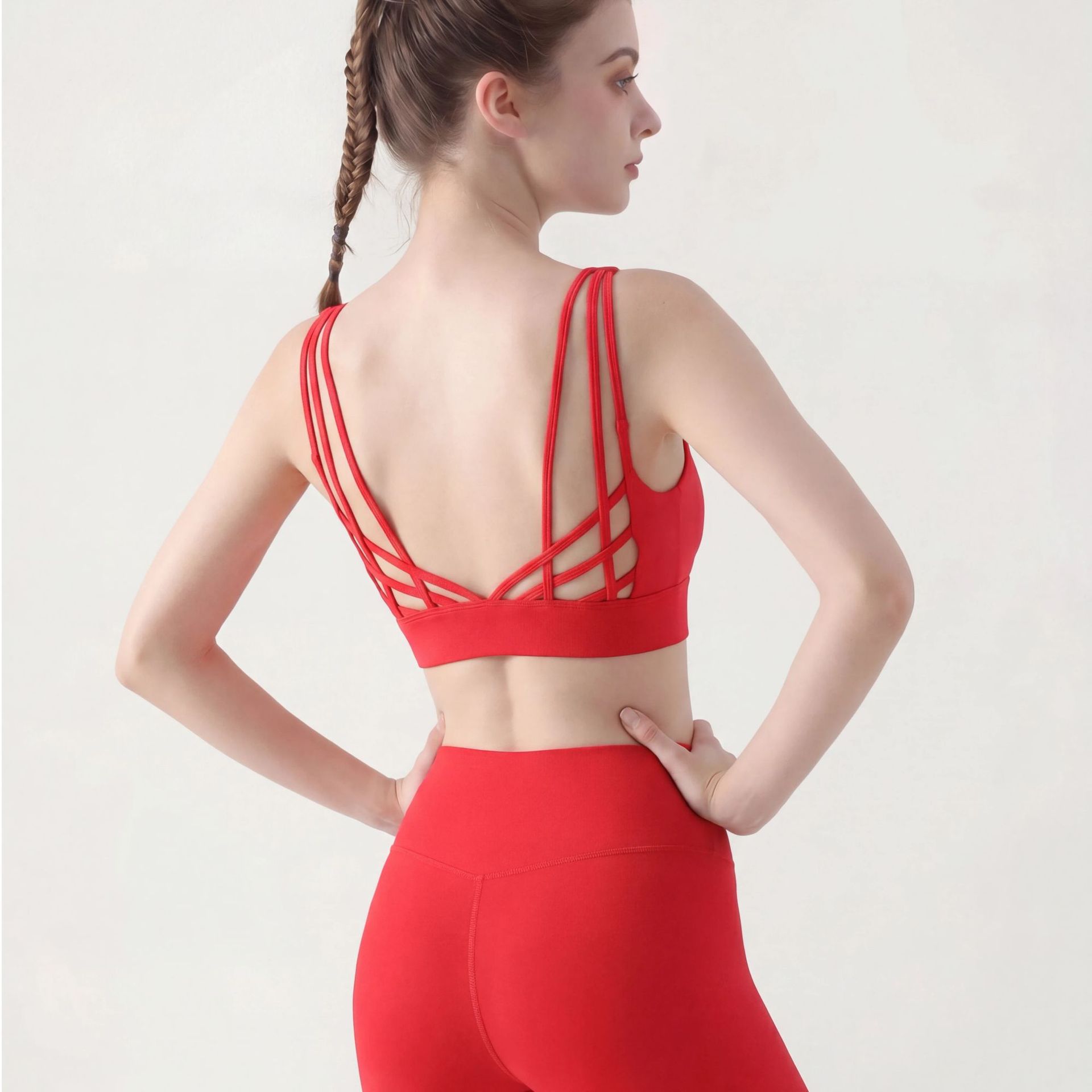 Nude tight yoga vest European and American cross-border no embarrassment line high waist hip lifting big red sports fitness pants suit