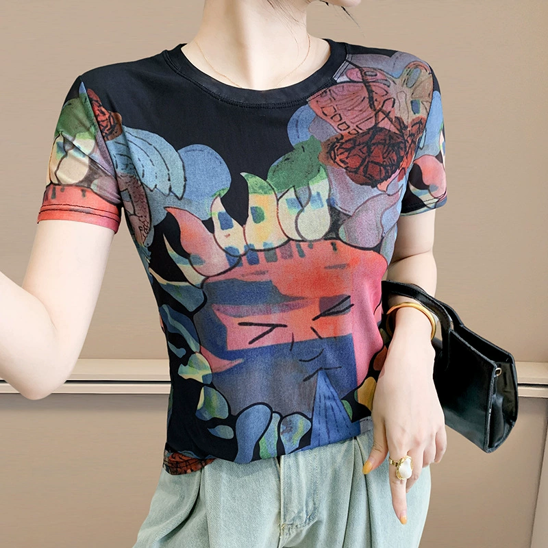 Фабрика европейских товаров 2025 летняя мода шифоновая печать цветочный принт короткий рукав круглый вырез стройнящий стильный топ тренд