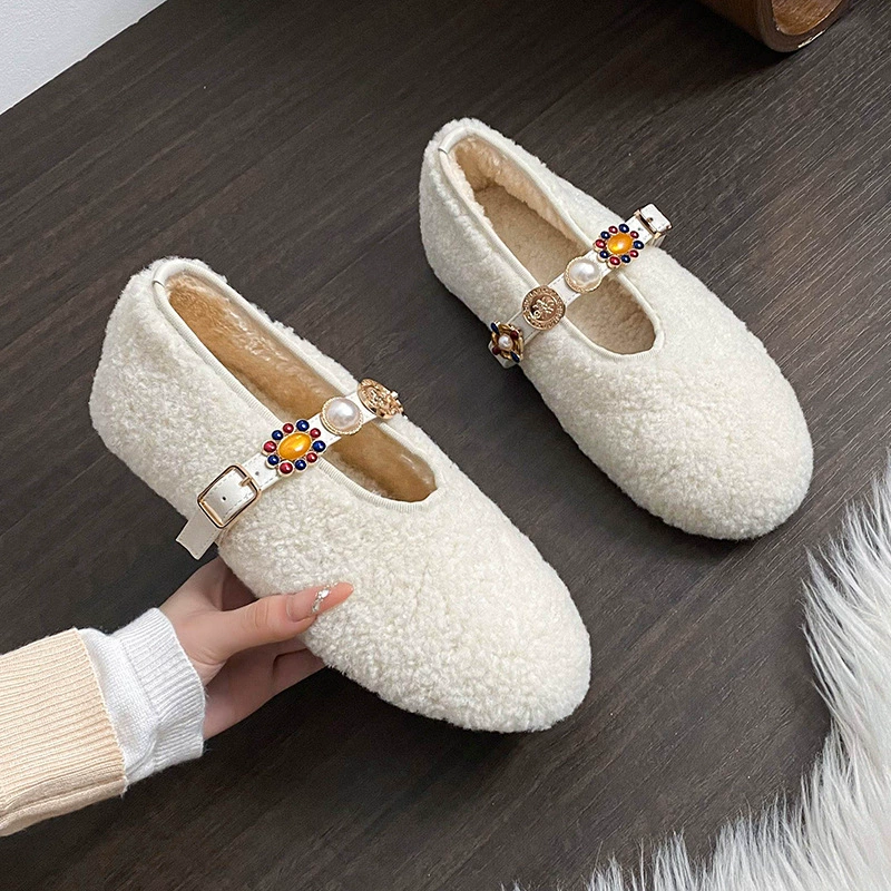 Женские зимние туфли из овечьей шерсти большего размера, на флисовой подкладке, утолщенные, в стиле Мэри Джейн, с пряжкой на ремешке, с увеличением внутренней высоты, меховые туфли большого размера.