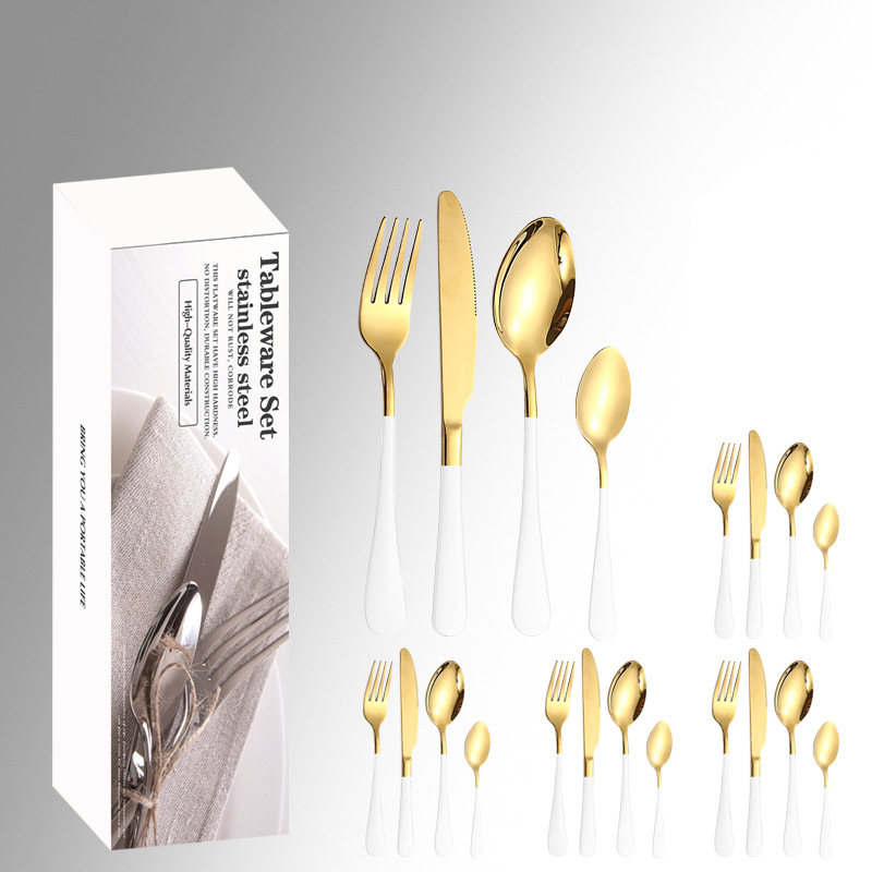 Amazon productos calientes de acero inoxidable vajilla 24 unidades traje 1010 cuatro piezas principales caja simple comida occidental cuchillo, tenedor y cuchara