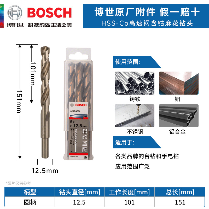 博世HSS-Co高速钢含钴麻花钻头12.5mm不锈钢铝合金木材金属开打孔