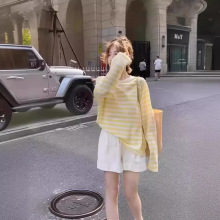 夏季冰丝针织条纹撞色防晒衣女洋气长袖T恤网纱透气空调衫上衣潮