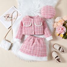 欧美女童小香风套装秋季新款毛毛拼接外套+短裙+贝雷帽三件套跨境