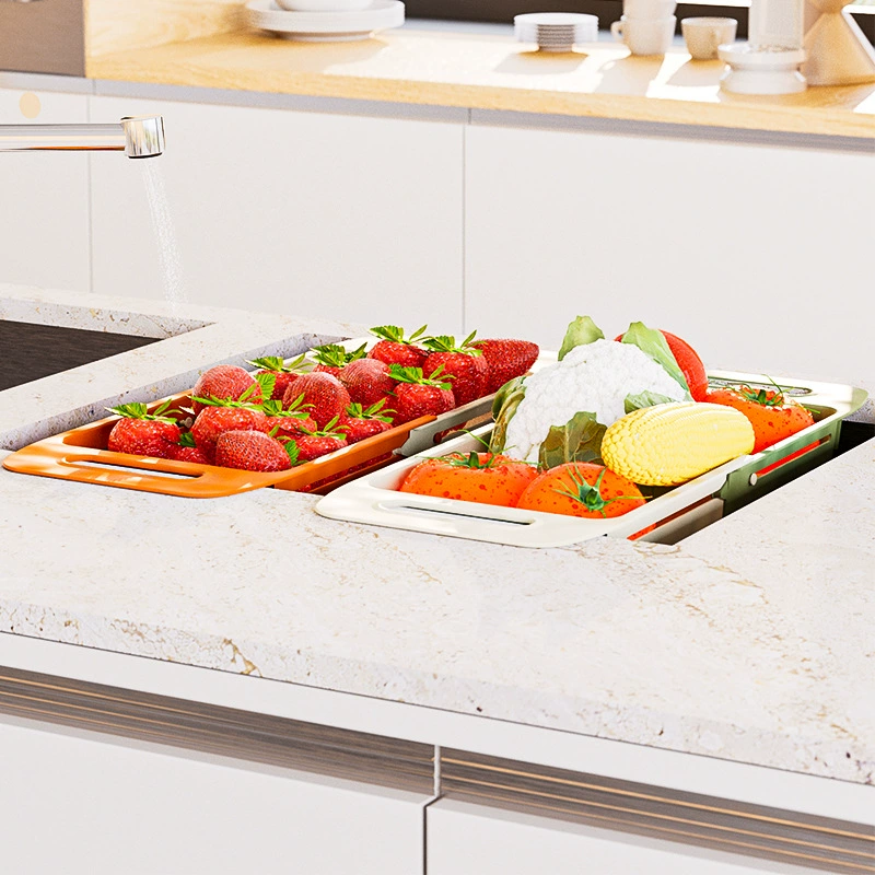 Double -layer vegetable basin draining basket kitchen sink Washing fruit vegetables, vegetables washing rice basket telescopic washing vegetable basket drain frame