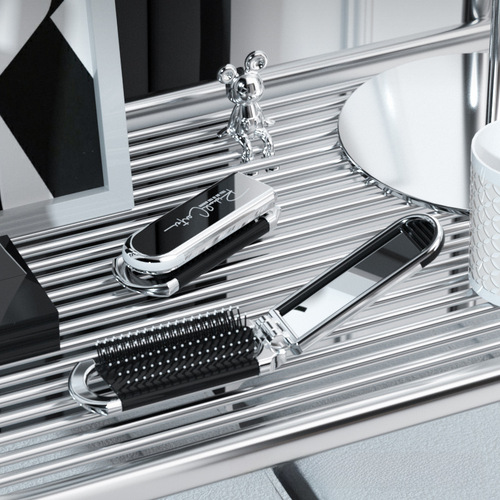 Light Luxury Milky Way Folding Comb with Electroplating Portable Hairstyle Comb for Women, Long Hair Cushion Comb with Small Mirror