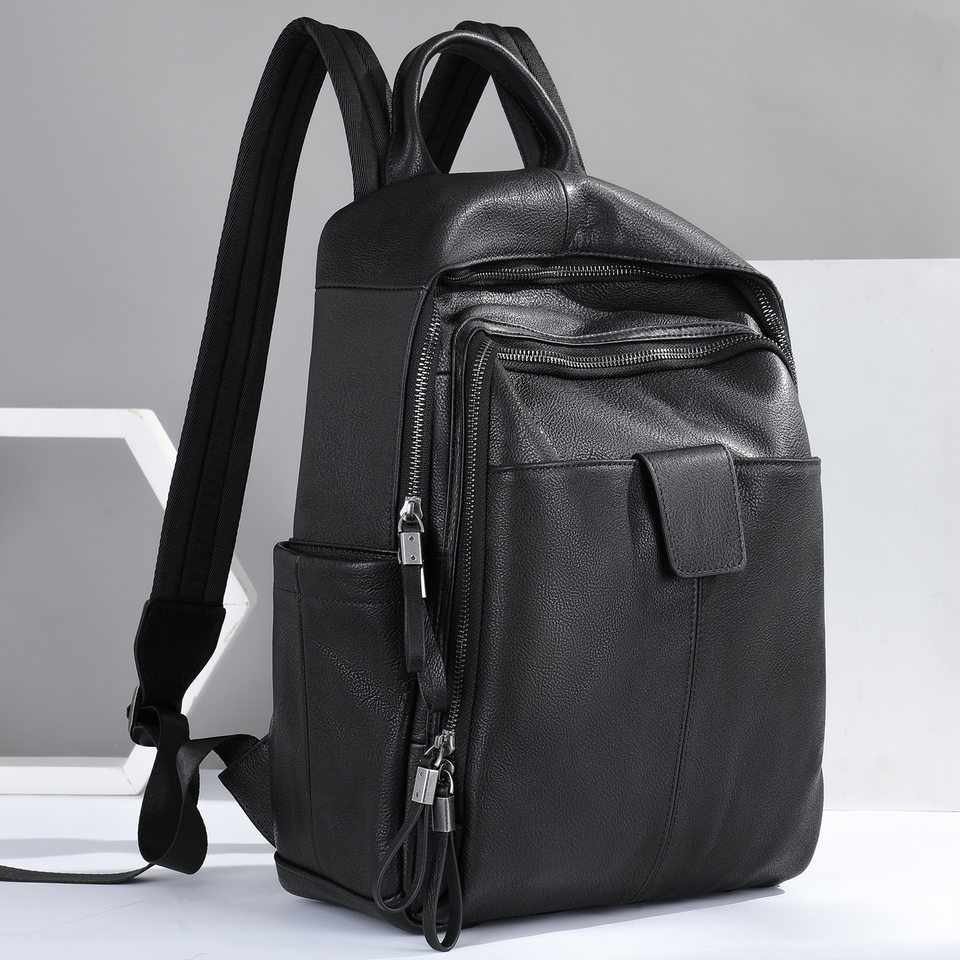 Ba lô da bò thật cho nam phong cách đường phố, đựng vừa laptop 14 inch, dung tích dưới 20L — Màu đen