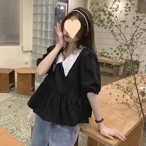 Summer Korean Version 2025 Slimming Fashion Youthful Splicing Black Baby Collar Bubbles Short Sleeve Blouse Top for Women