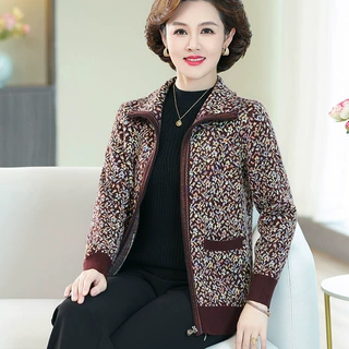 中老年女装24年秋冬圣诞针织开衫时尚豹纹外套妈妈装高品质开衫