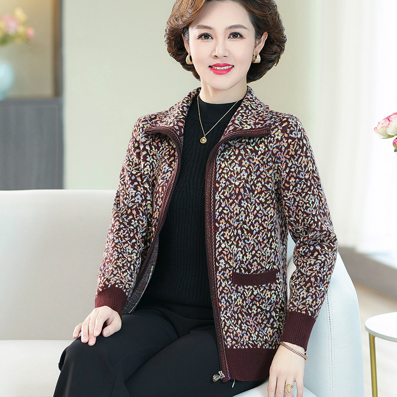 中老年女装24年秋冬圣诞针织开衫时尚豹纹外套妈妈装高品质开衫，女装针织衫/毛衣，妃慕昵服饰
