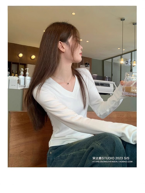 V领白色长袖t恤女秋季新款内搭修身显瘦正肩打底衫上衣|undefined