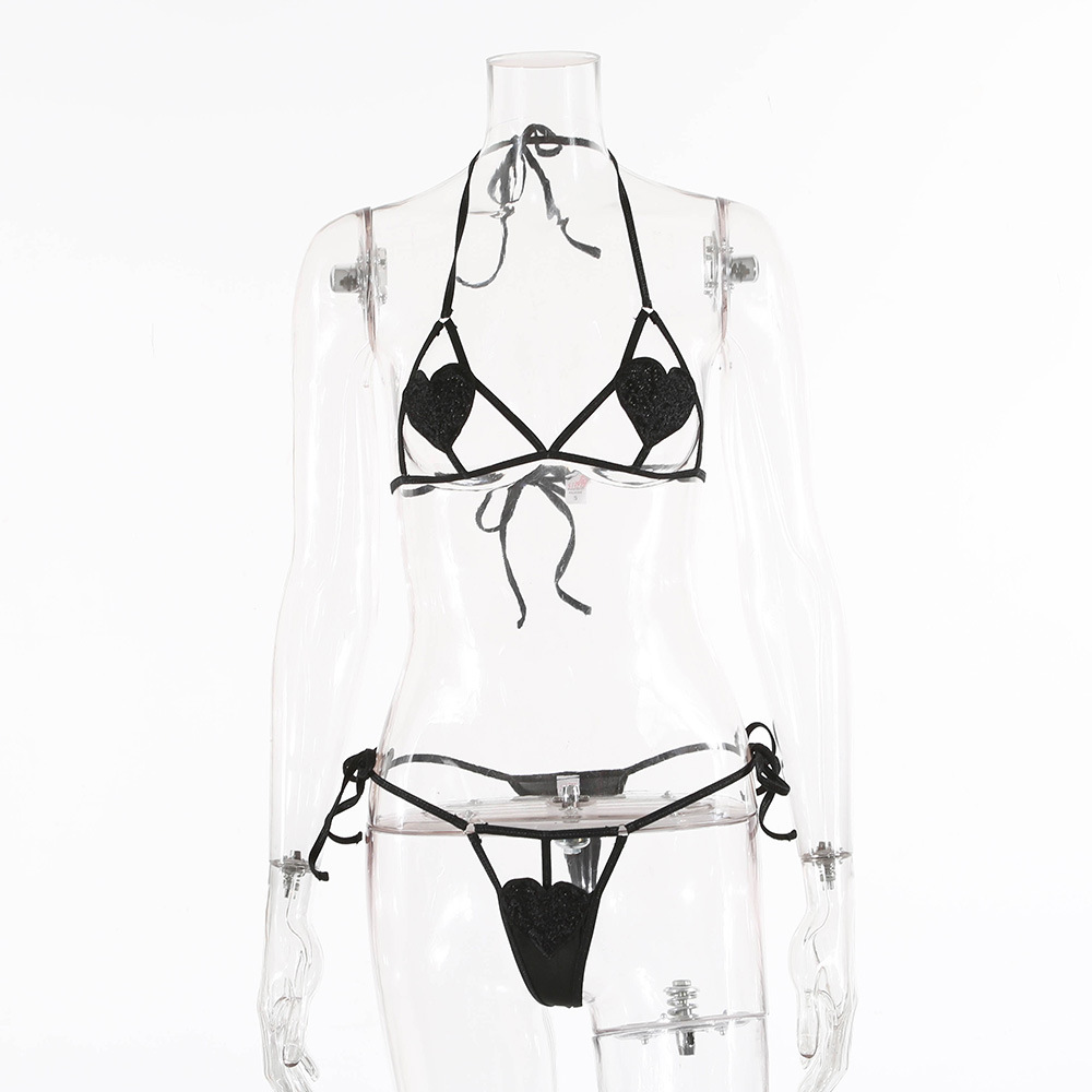 Lencería sexy para mujer, conjunto de lencería de tres piezas con forma de corazón, seductora con cordones, conjunto sexy interactivo para parejas, encaje sexy