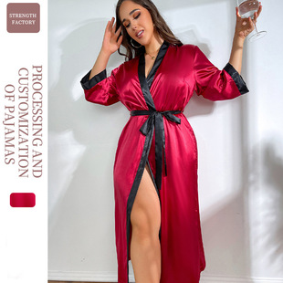 European and American Cross-border New plus size Pajamas Women's Long Silk-like Sexy Nightdress Fashion Casual Loose Lace-up Pajamas