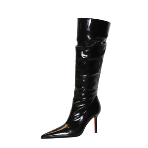 315-A18 Retro European and American Style High Heel Thin Heel Pointed Lacquer Wrinkled High Sleeve Women's Boots in