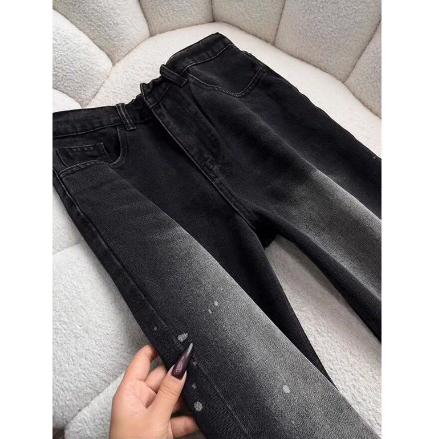 Men's Washed Black Straight Leg Jeans With Paint Splatter Print_voghion.com