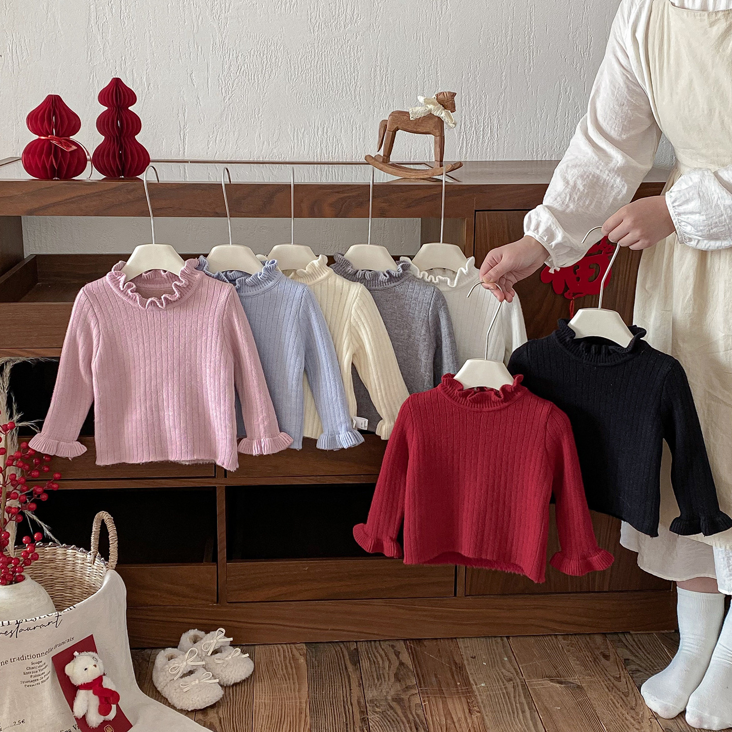 点兮冬季新款婴幼儿马卡龙加绒加厚毛衣宝宝洋气百搭花边领针织衫