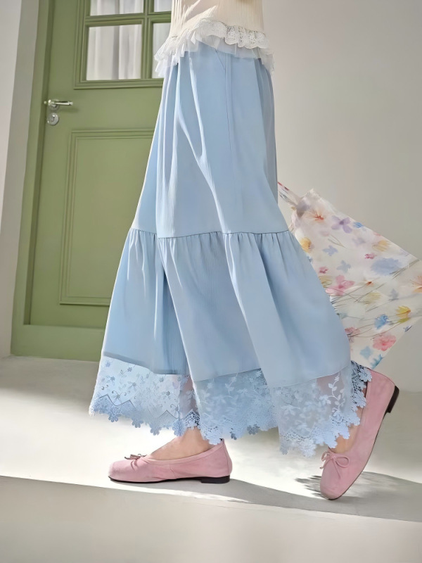阔色杏色蕾丝花边半身裙裤阔腿裤女2025早秋新款蓝色九分休闲裤|undefined