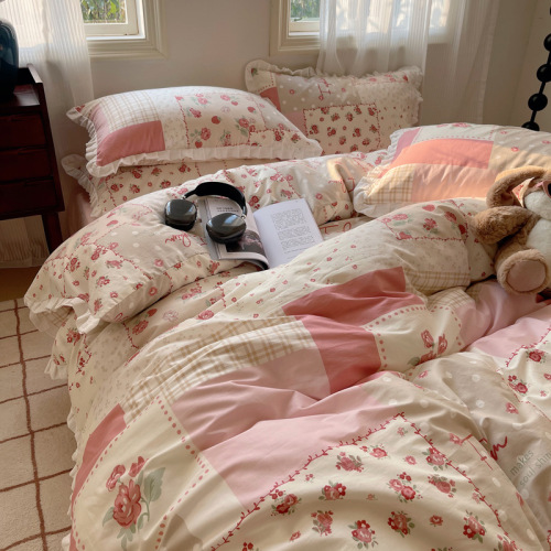 Cottage Style 100% Cotton Four-Piece Bedding Set, Fresh and Natural Cotton Bedspread with Floral Lace, Small Floral Pattern, Three-Piece Set, Instagram Inspired