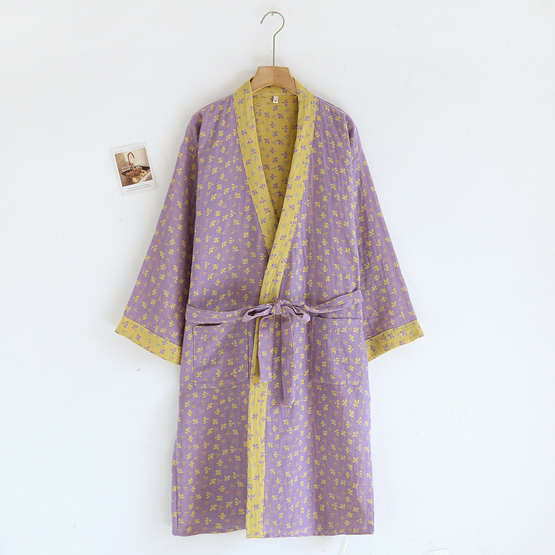Yarn-dyed Jacquard Pure Cotton Retro Style Nightgown Women's Spring and Autumn Japanese Kimono Bathrobe Pajamas Home Clothes Japanese Style Nimo