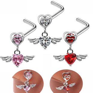 Gabe Amazon stainless steel nose nail nose ring European and American heart-shaped wings nose nail L-bar micro-inlaid zircon puncture jewelry