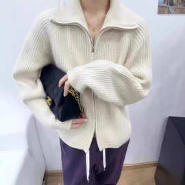 24秋冬新款加厚欧美羊毛针织衫女式翻领拉链针织开衫外套毛衣羊绒