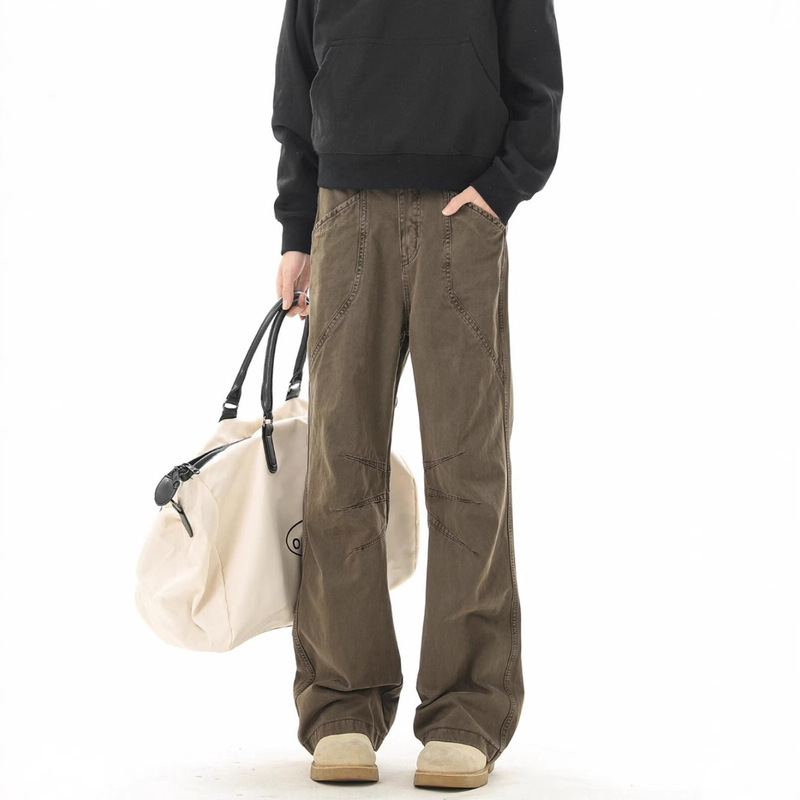 Barn style pleated micro-pull overalls men's spring new fashion brand relaxed-fit washed straight tube machete cotton pants