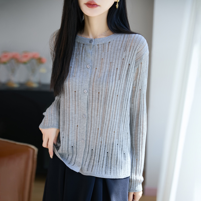 2026 Spring/Summer New Japanese Paper Style Round Neck Knitted Cardigan Long Sleeve Women's Hollow Out Solid Color Thin Loose Top Jacket 2026 Spring/Summer New Japanese Paper Style Round Neck Knitted Cardigan Long Sleeve Women's Hollow Out Solid Color Thin Loose Top Jacket