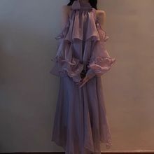法式复古挂脖荷叶边紫色连衣裙纯欲小香风时尚半身裙套装女夏