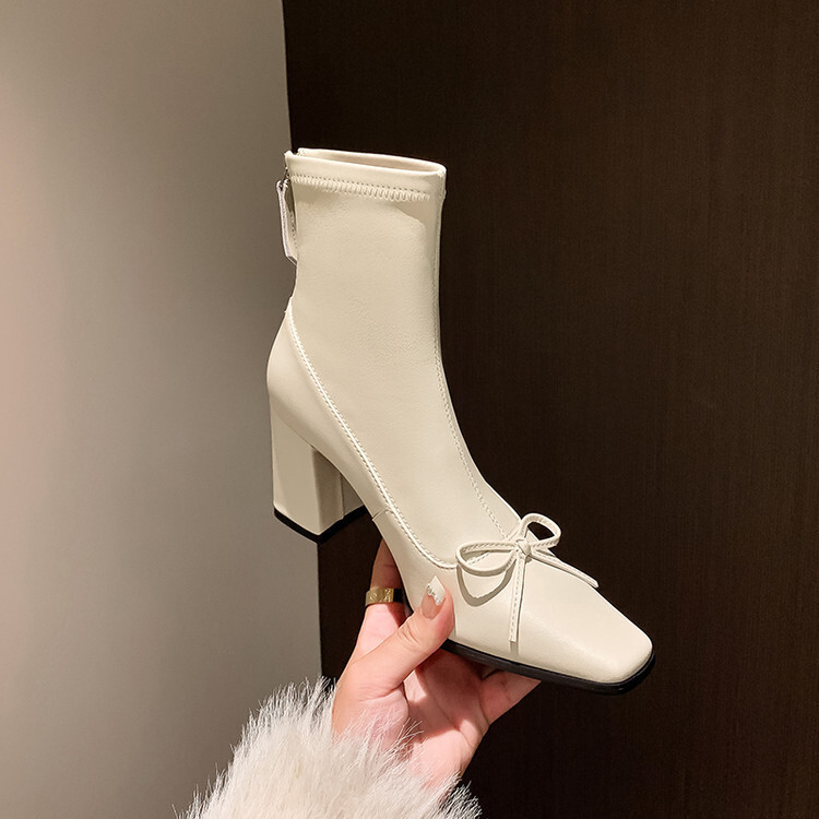 So Gentle~ Korean Style Bow Cream White Elastic Slim Boots Thick High Heels Gold Style Back Zipper Short Boots Women's Shoes