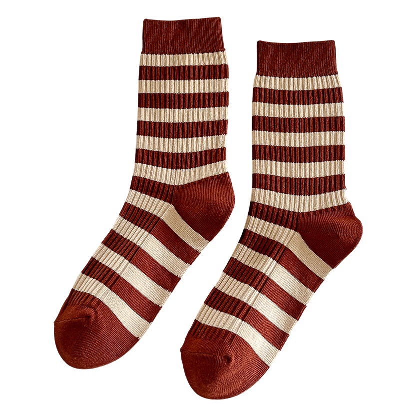 Primavera y otoño de las mujeres a rayas calcetines largos de algodón peinado de algodón de la vendimia de las mujeres de doble aguja calcetines de media pantorrilla Zhuji calcetines de las mujeres al por mayor