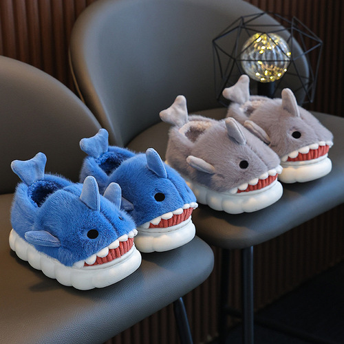 Children's Cotton Slippers for Autumn and Winter Waterproof Home Interior Anti-Slip Cute Shark Pattern Baby Kids Cotton Slippers