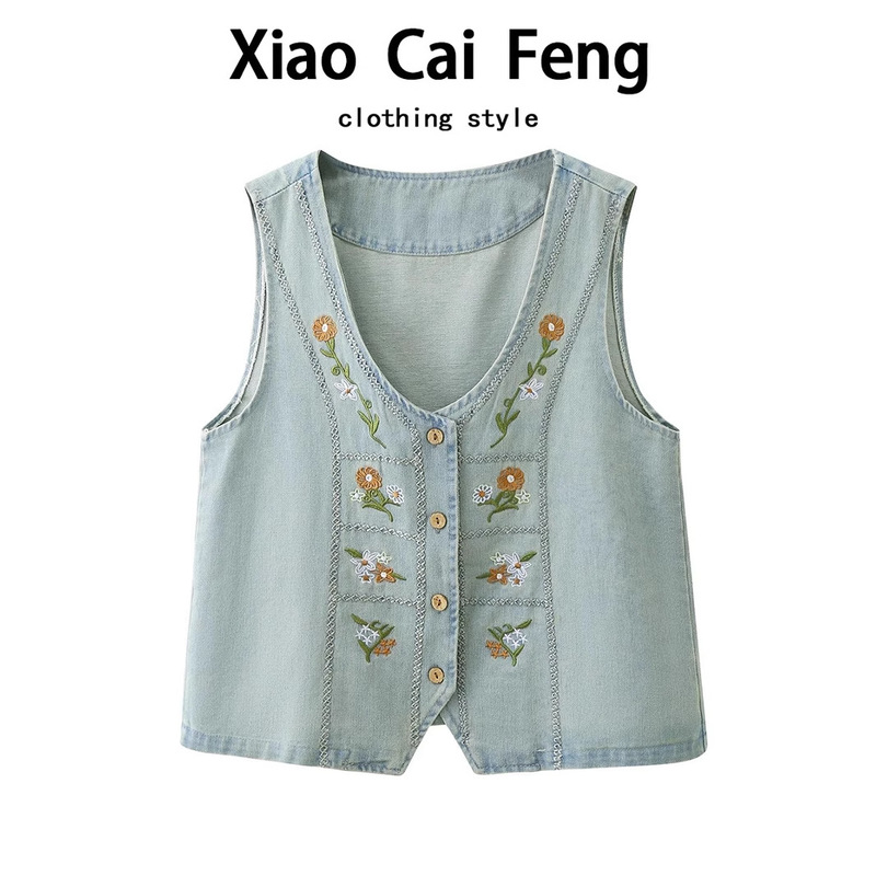 Forest Style Retro Embroidered Denim Vest Short Jacket for Women Summer Age-Reducing Loose Layered Waistcoat Chic Vest Top