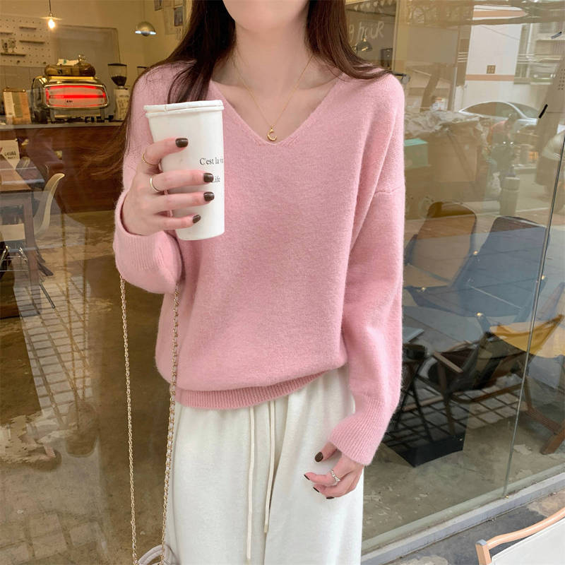 简约v领针织衫女秋冬新款ins基础款宽松内搭上衣休闲百搭打底毛衣|undefined